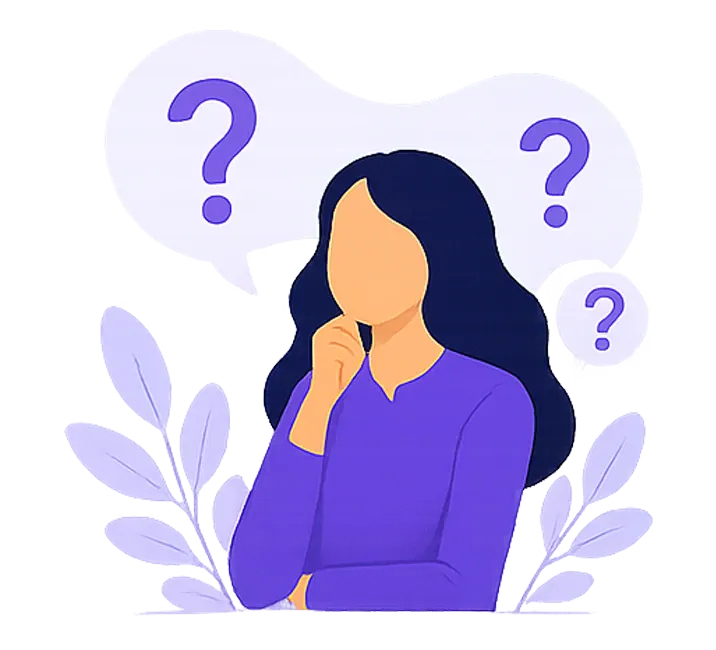 Persona sin rostro reflexionando entre signos de interrogación en tonos violetas