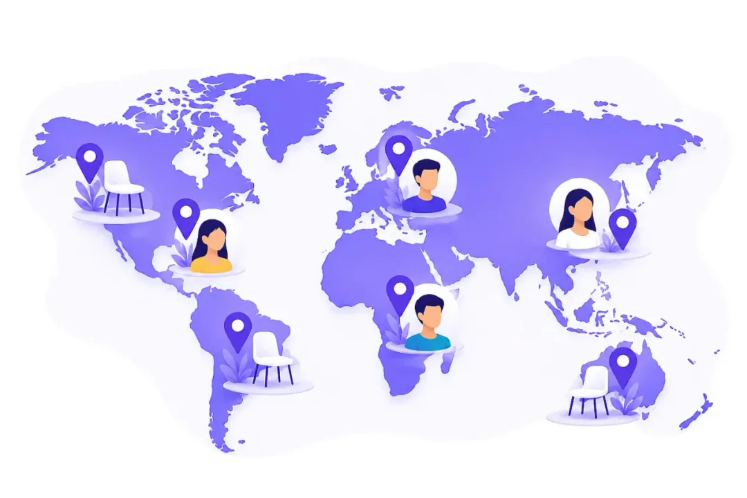 Mapa mundial ilustrado con dos mujeres, dos hombres y sillas que representan la presencia de grupos de Narcóticos Anónimos en distintos países
