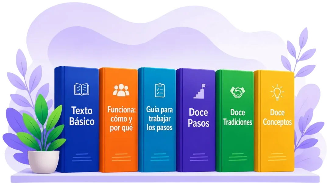 Colección ilustrada de libros oficiales de Narcóticos Anónimos en colores vivos