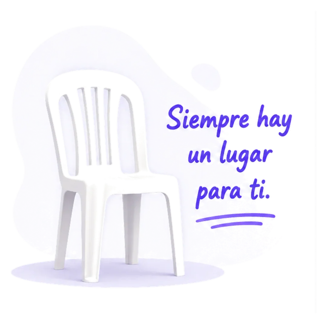 Silla plástica blanca vacía con el mensaje Siempre hay un lugar para ti, como bienvenida a una primera reunión de Narcóticos Anónimos