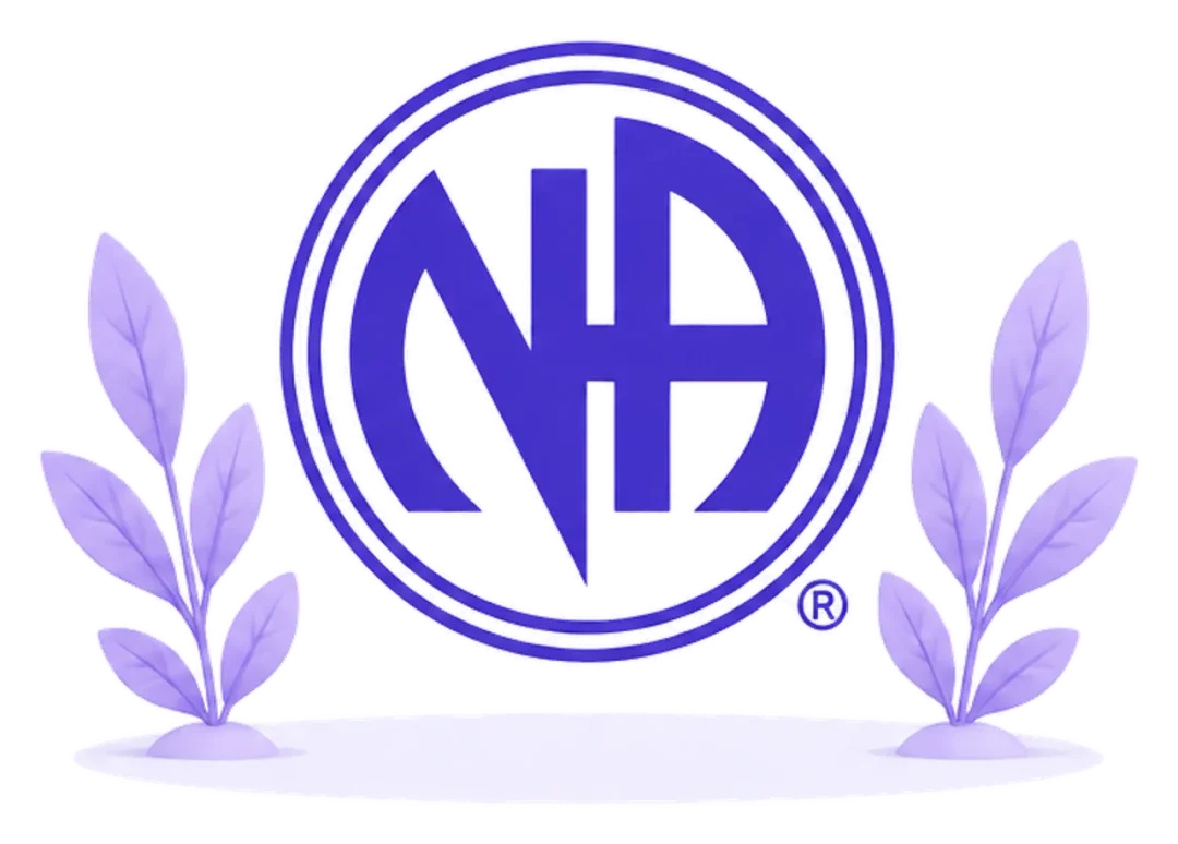 Símbolo oficial de Narcóticos Anónimos acompañado de dos plantas violetas