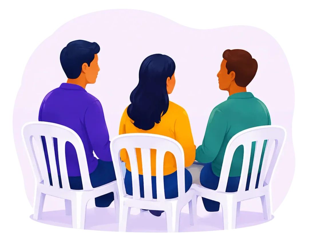 Tres miembros escuchan y comparten en una reunión