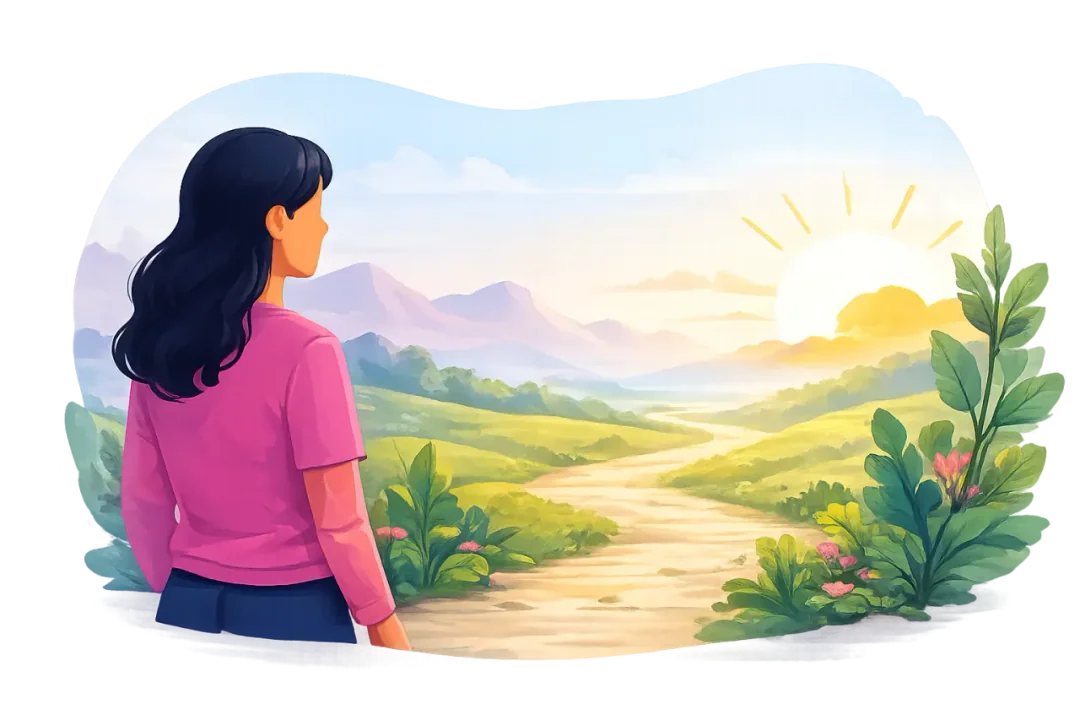 Una mujer observa un camino iluminado que representa una nueva manera de vivir