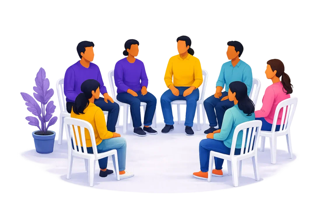 Miembros de Narcóticos Anónimos reunidos en círculo