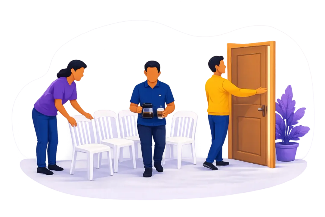 Miembros prestan servicio preparando la sala, el café y la bienvenida