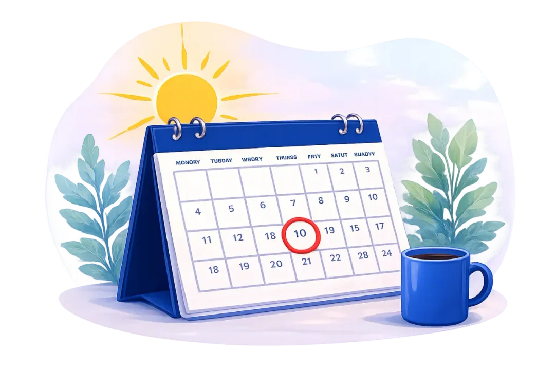 Calendario con un solo día destacado, una taza de café y un amanecer