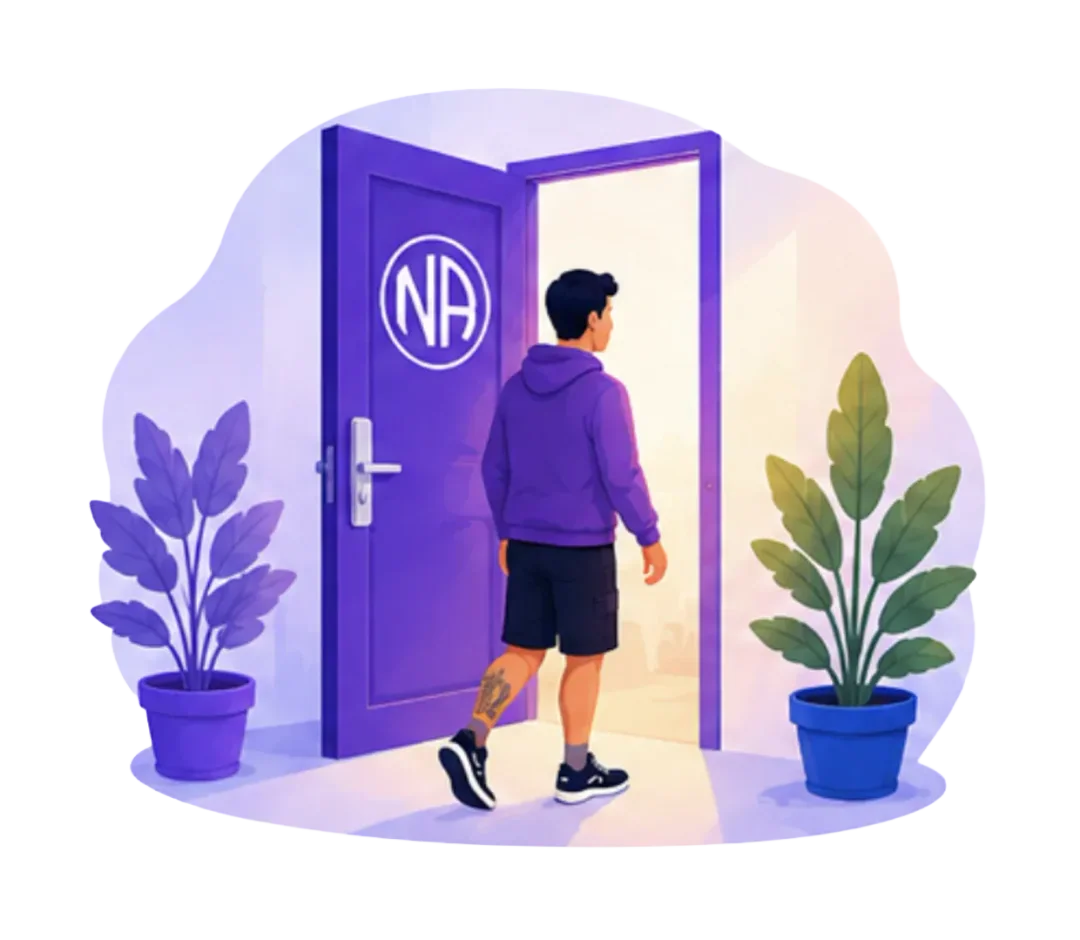 Persona adulta con pantaloneta y tatuaje entrando por la puerta violeta abierta del Grupo Doce Doce