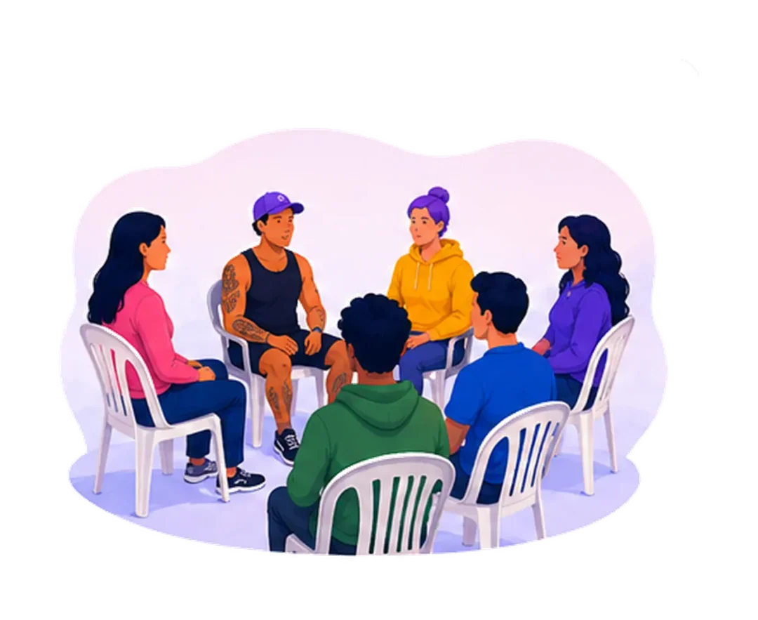 Grupo diverso de personas adultas sentadas en círculo y escuchando con atención y respeto