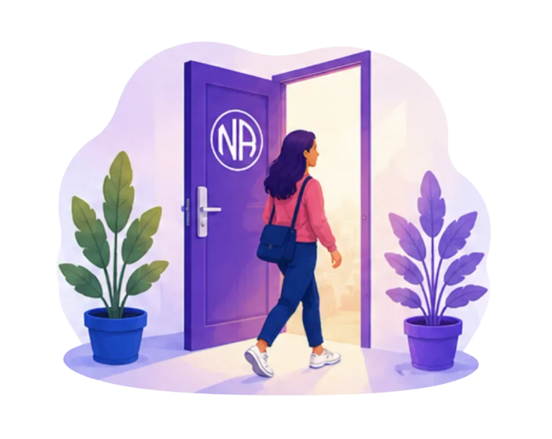 Persona adulta regresa y cruza la puerta violeta abierta después de una reunión