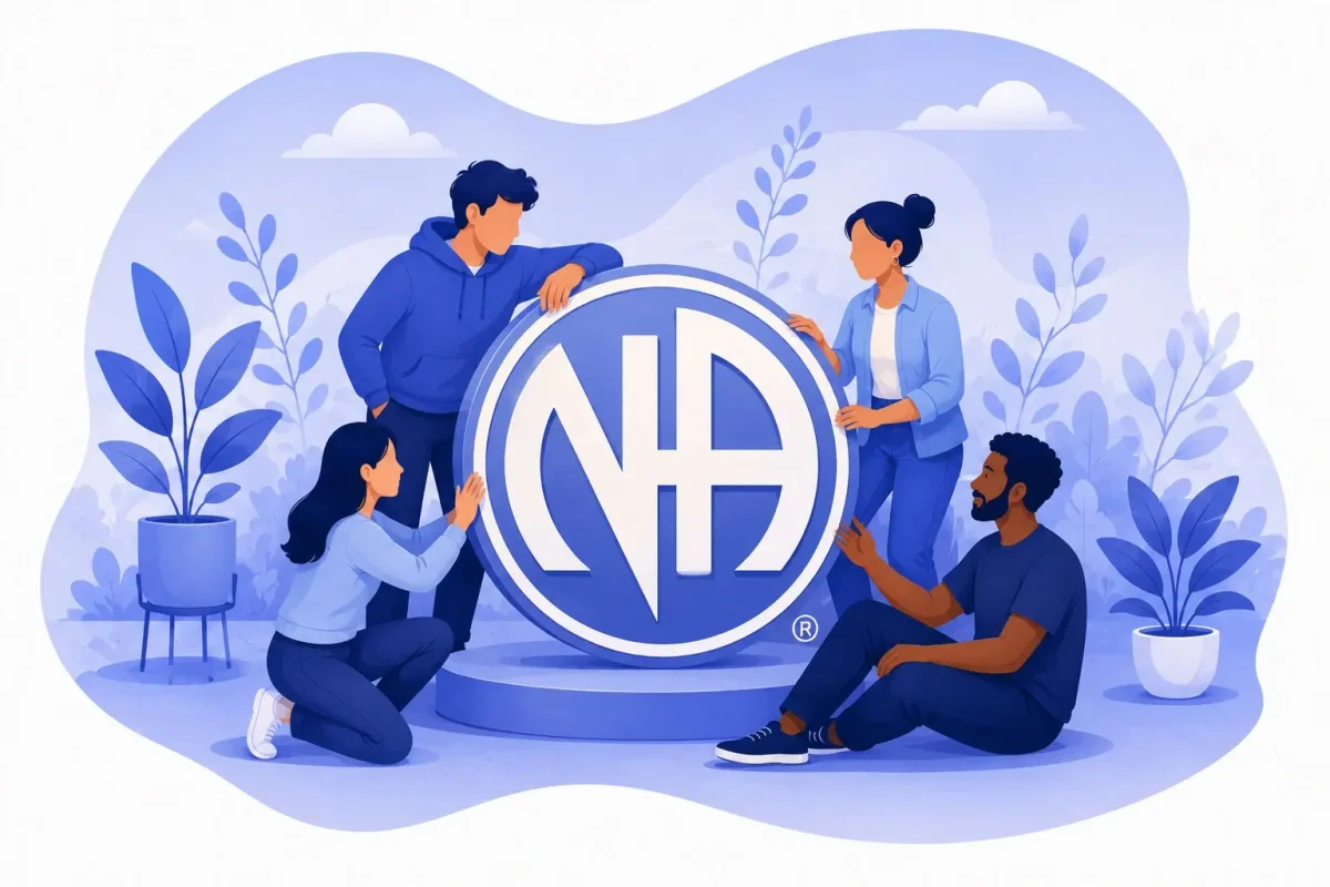Cuatro personas diversas reunidas alrededor del símbolo de Narcóticos Anónimos